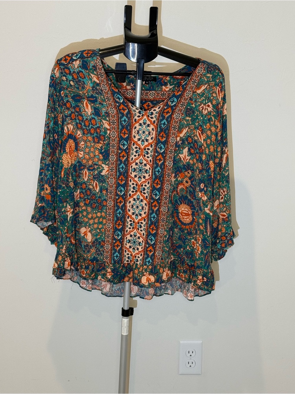 Rachel Zoe Teal Floral Boho Peasant Blouse with Orange Accents
